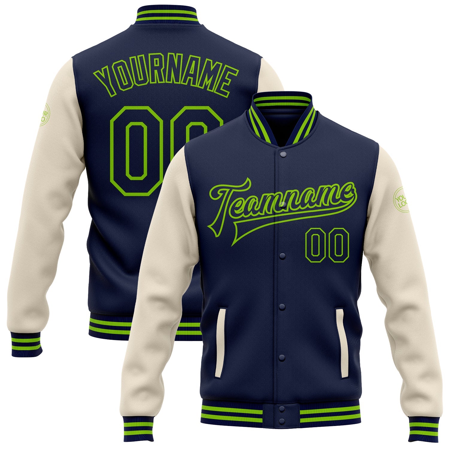 Custom Navy Cream-Neon Green Bomber Full-Snap Varsity Letterman Two Tone Jacket - Main View