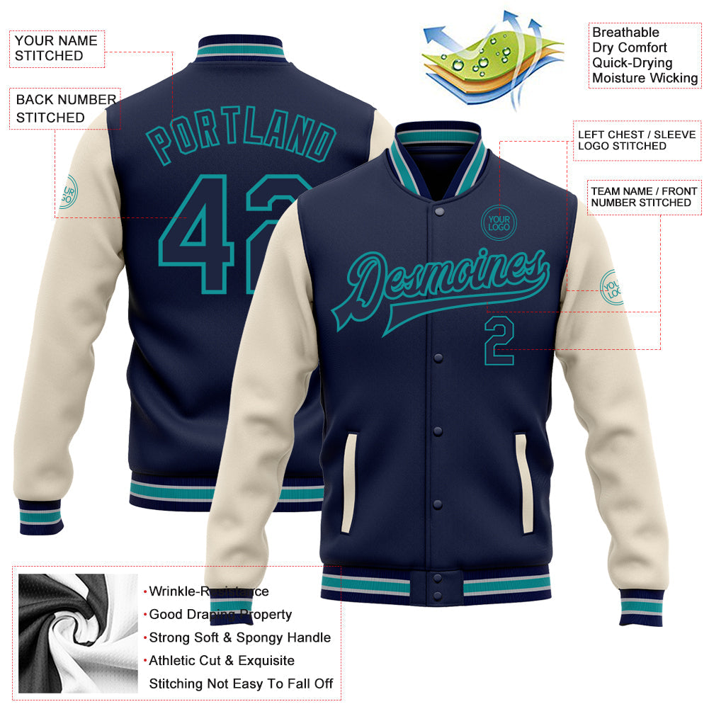 Custom Navy Cream-Teal Bomber Full-Snap Varsity Letterman Two Tone Jacket view 5