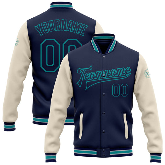 Custom Navy Cream-Teal Bomber Full-Snap Varsity Letterman Two Tone Jacket - Main View