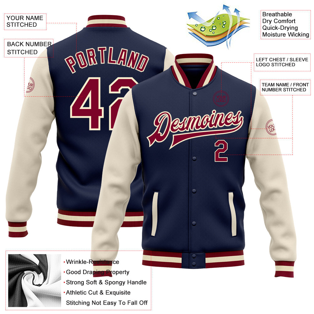 Custom Navy Maroon-Cream Bomber Full-Snap Varsity Letterman Two Tone Jacket view 5