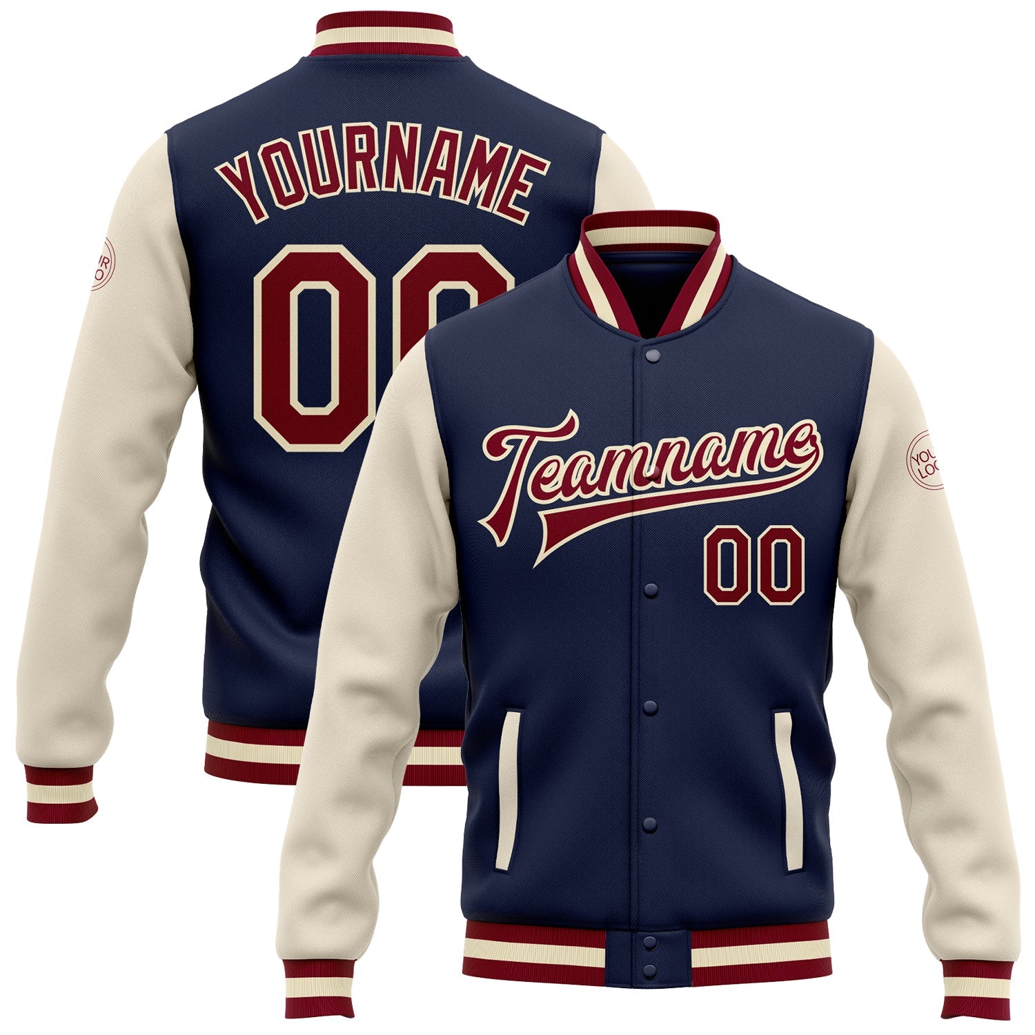 Custom Navy Maroon-Cream Bomber Full-Snap Varsity Letterman Two Tone Jacket - Main View