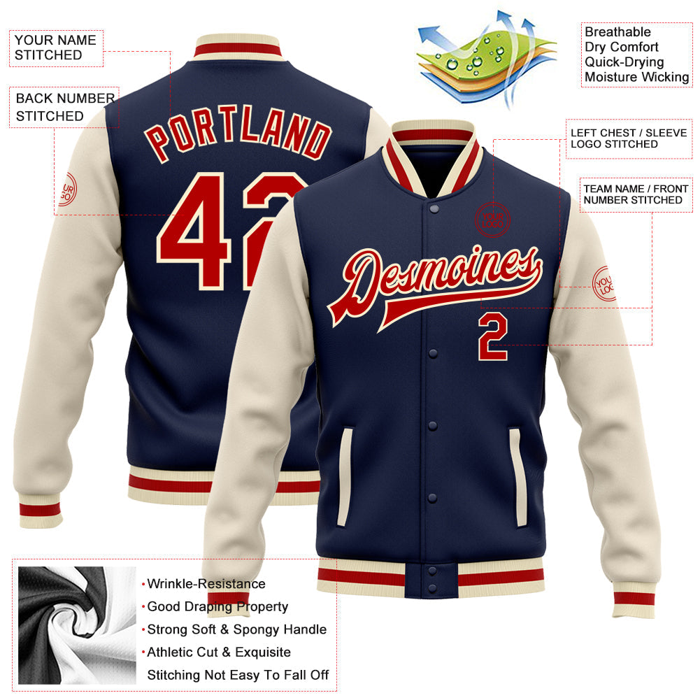 Custom Navy Red-Cream Bomber Full-Snap Varsity Letterman Two Tone Jacket view 5