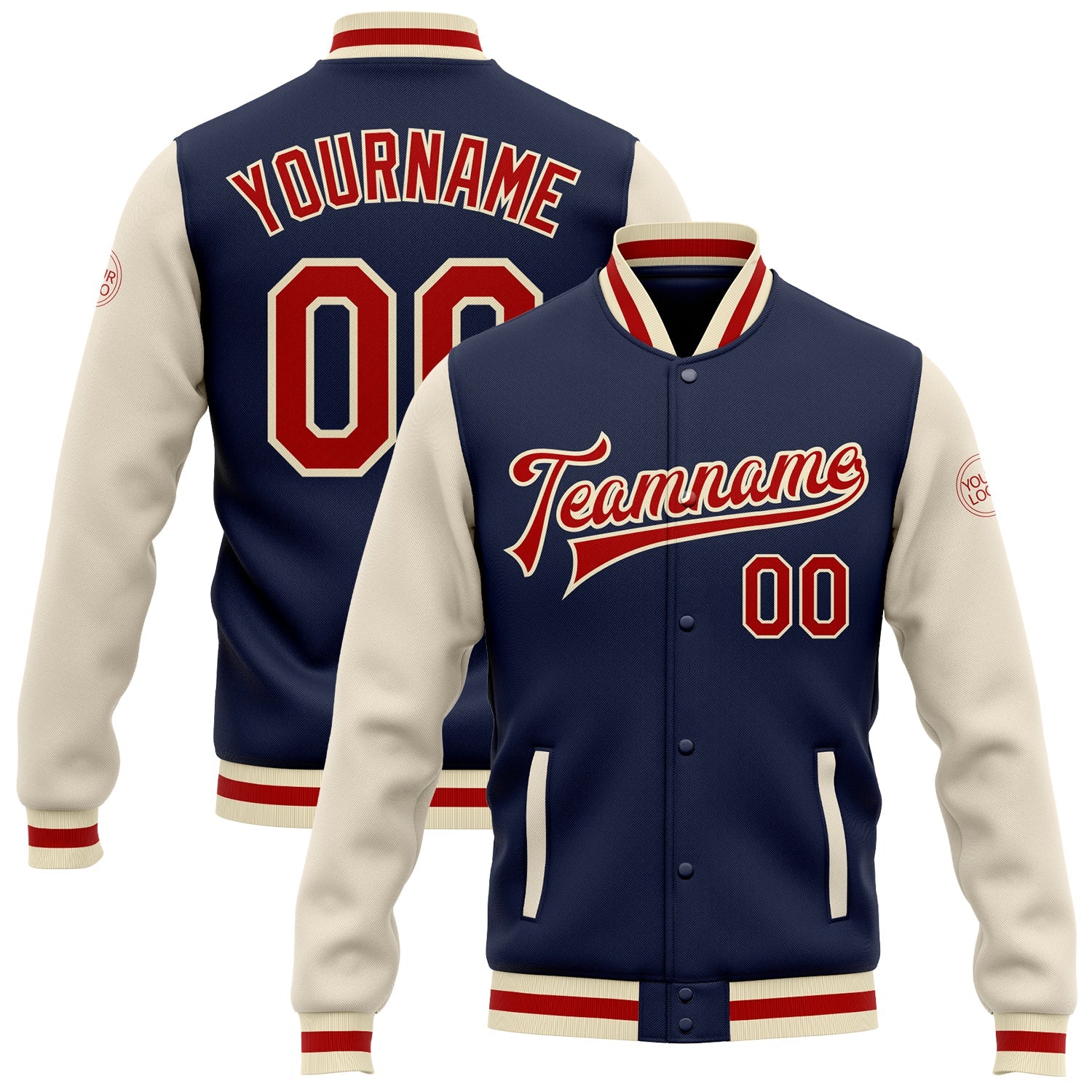 Custom Navy Red-Cream Bomber Full-Snap Varsity Letterman Two Tone Jacket - Main View