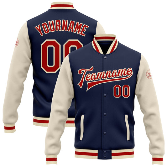 Custom Navy Red-Cream Bomber Full-Snap Varsity Letterman Two Tone Jacket - Main View