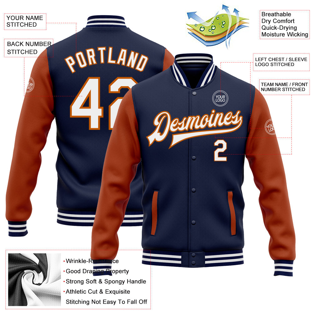 Custom Navy White-Texas Orange Bomber Full-Snap Varsity Letterman Two Tone Jacket view 5