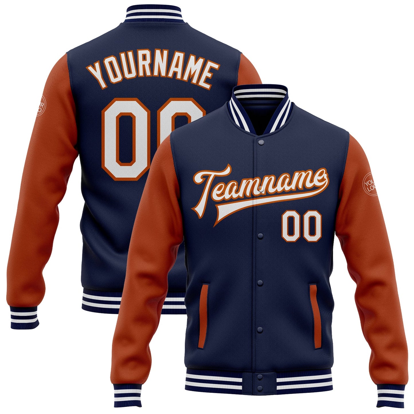 Custom Navy White-Texas Orange Bomber Full-Snap Varsity Letterman Two Tone Jacket - Main View
