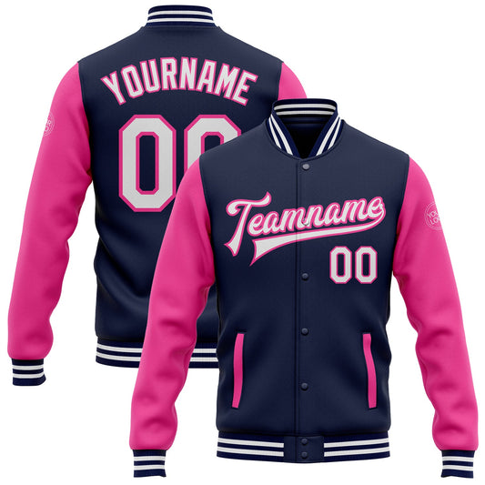 Custom Navy White-Pink Bomber Full-Snap Varsity Letterman Two Tone Jacket - Main View