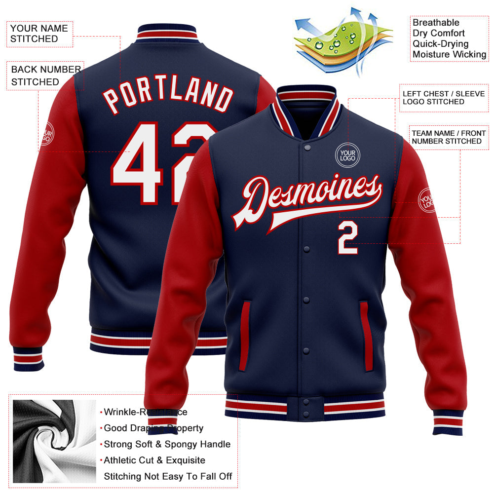 Custom Navy White-Red Bomber Full-Snap Varsity Letterman Two Tone Jacket view 5