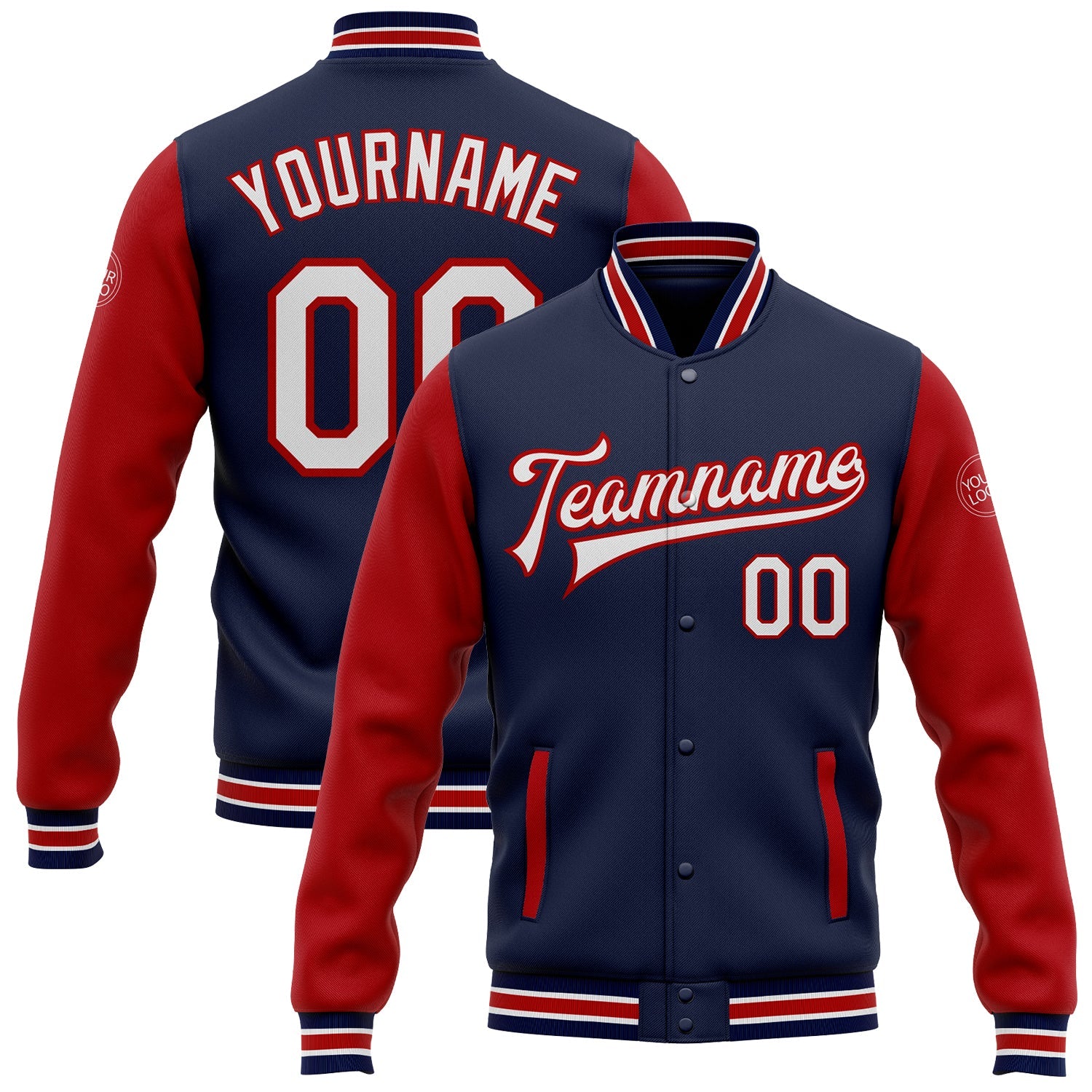 Custom Navy White-Red Bomber Full-Snap Varsity Letterman Two Tone Jacket - Main View