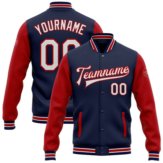 Custom Navy White-Red Bomber Full-Snap Varsity Letterman Two Tone Jacket - Main View