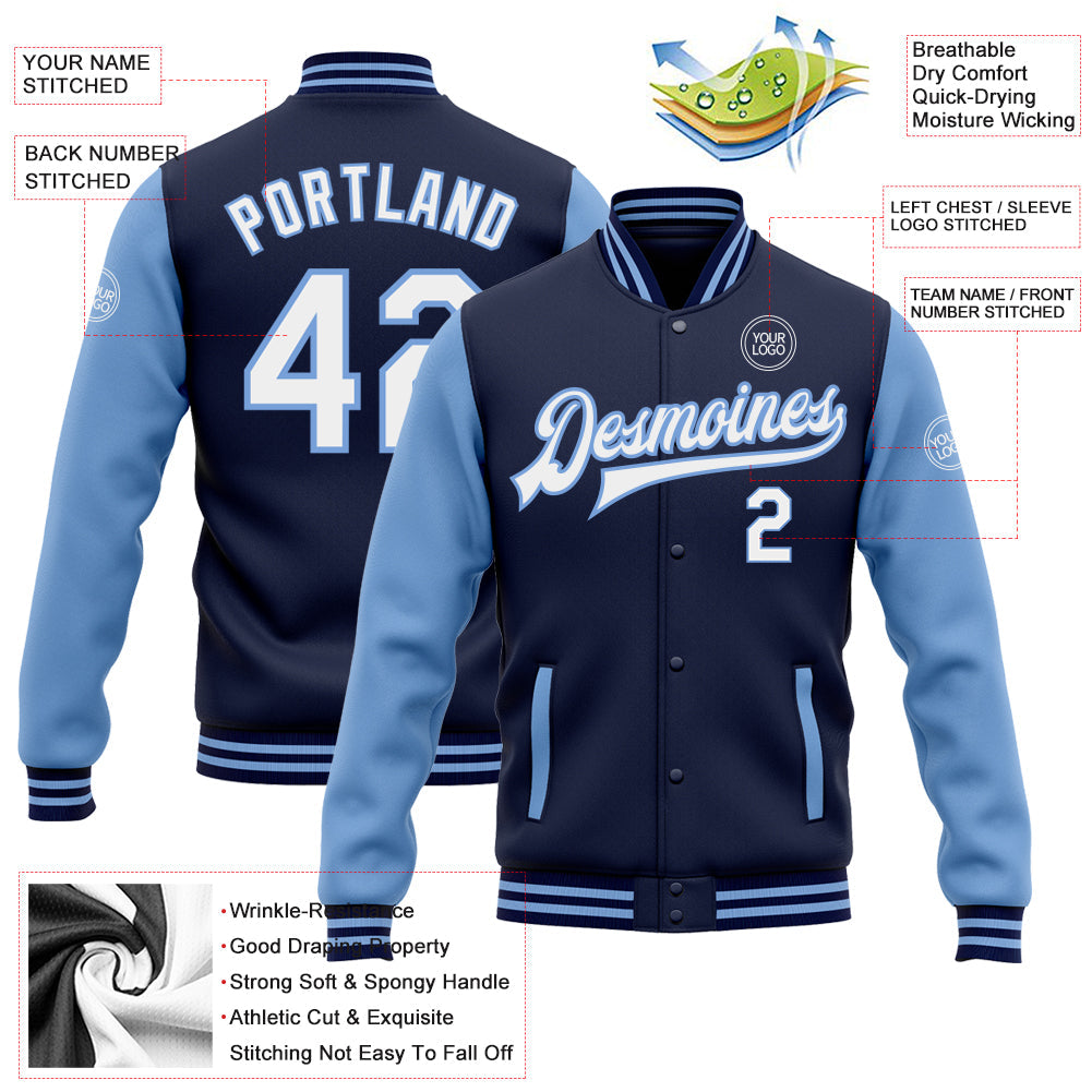 Custom Navy White-Light Blue Bomber Full-Snap Varsity Letterman Two Tone Jacket view 5