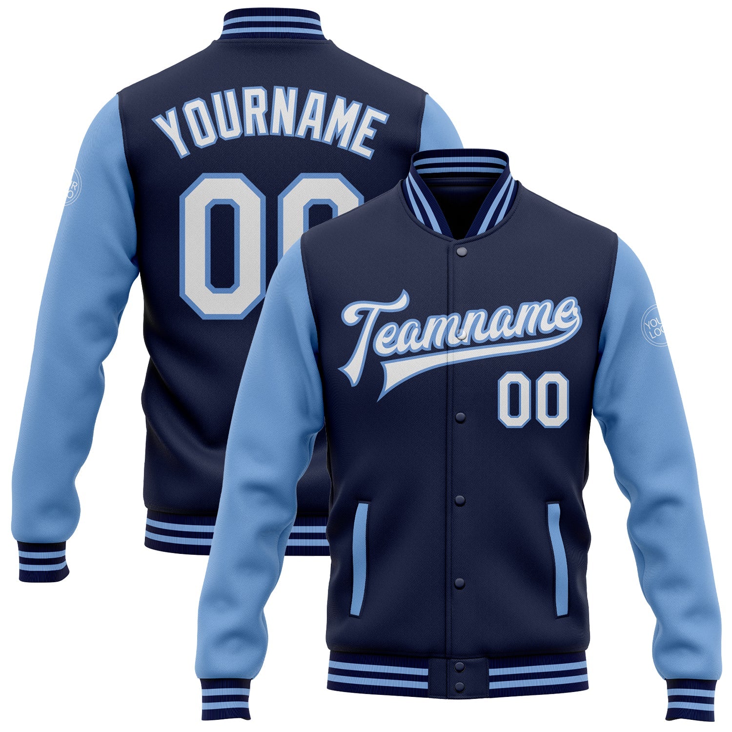 Custom Navy White-Light Blue Bomber Full-Snap Varsity Letterman Two Tone Jacket - Main View