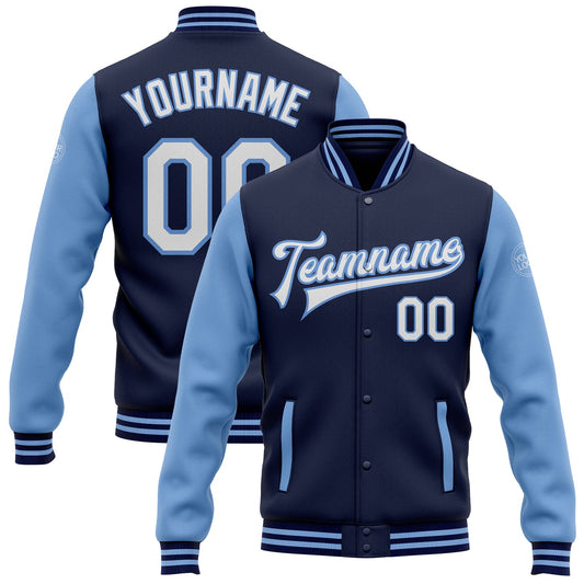 Custom Navy White-Light Blue Bomber Full-Snap Varsity Letterman Two Tone Jacket - Main View