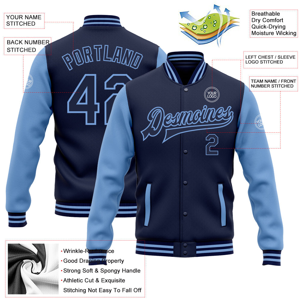 Custom Navy Light Blue Bomber Full-Snap Varsity Letterman Two Tone Jacket view 5