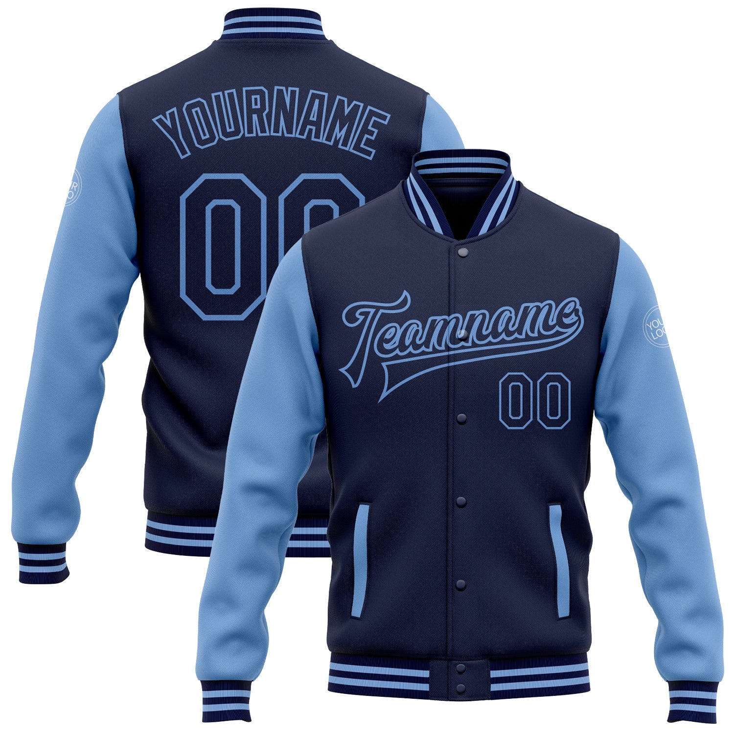 Custom Navy Light Blue Bomber Full-Snap Varsity Letterman Two Tone Jacket - Main View