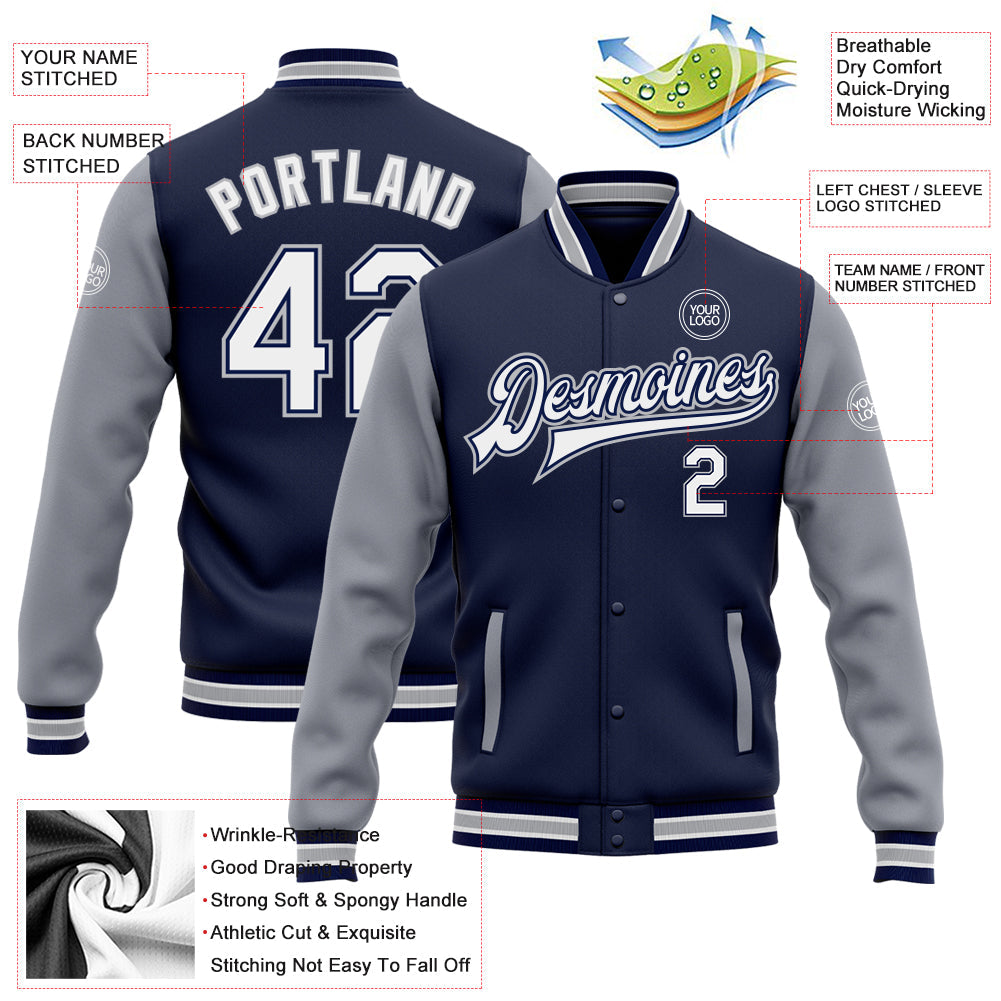 Custom Navy White-Gray Bomber Full-Snap Varsity Letterman Two Tone Jacket view 5