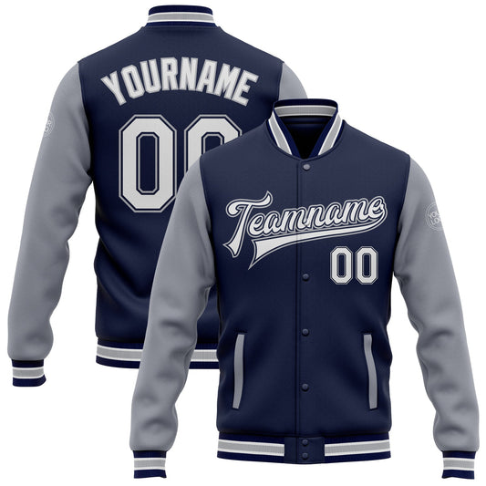 Custom Navy White-Gray Bomber Full-Snap Varsity Letterman Two Tone Jacket - Main View
