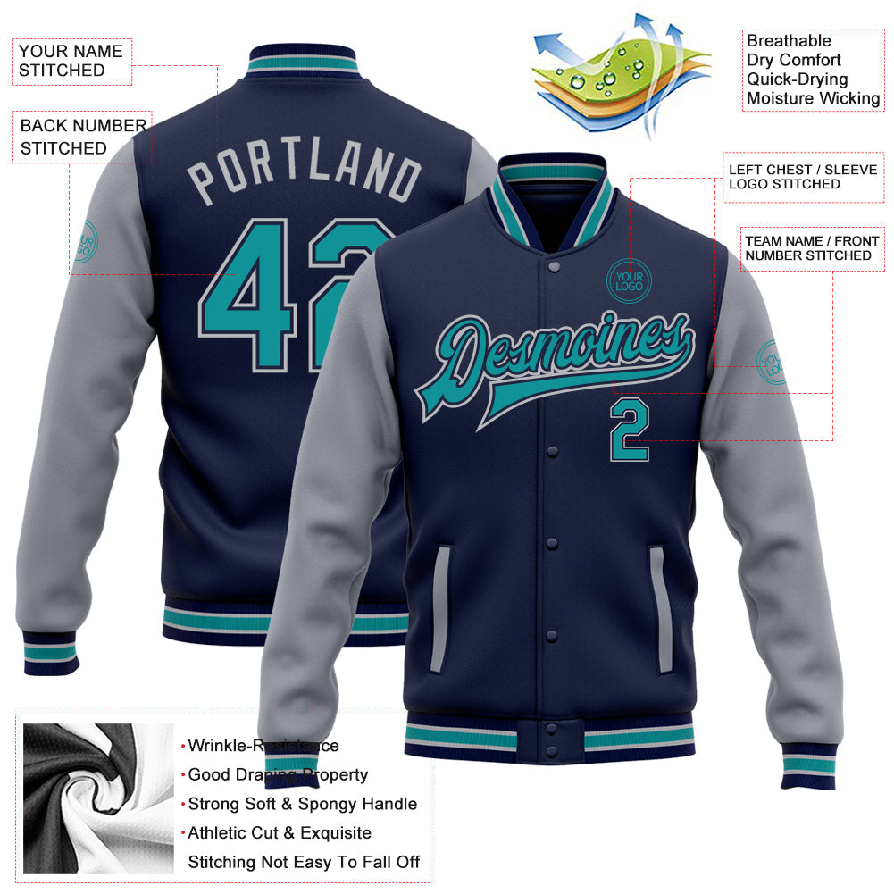 Custom Navy Teal-Gray Bomber Full-Snap Varsity Letterman Two Tone Jacket view 5