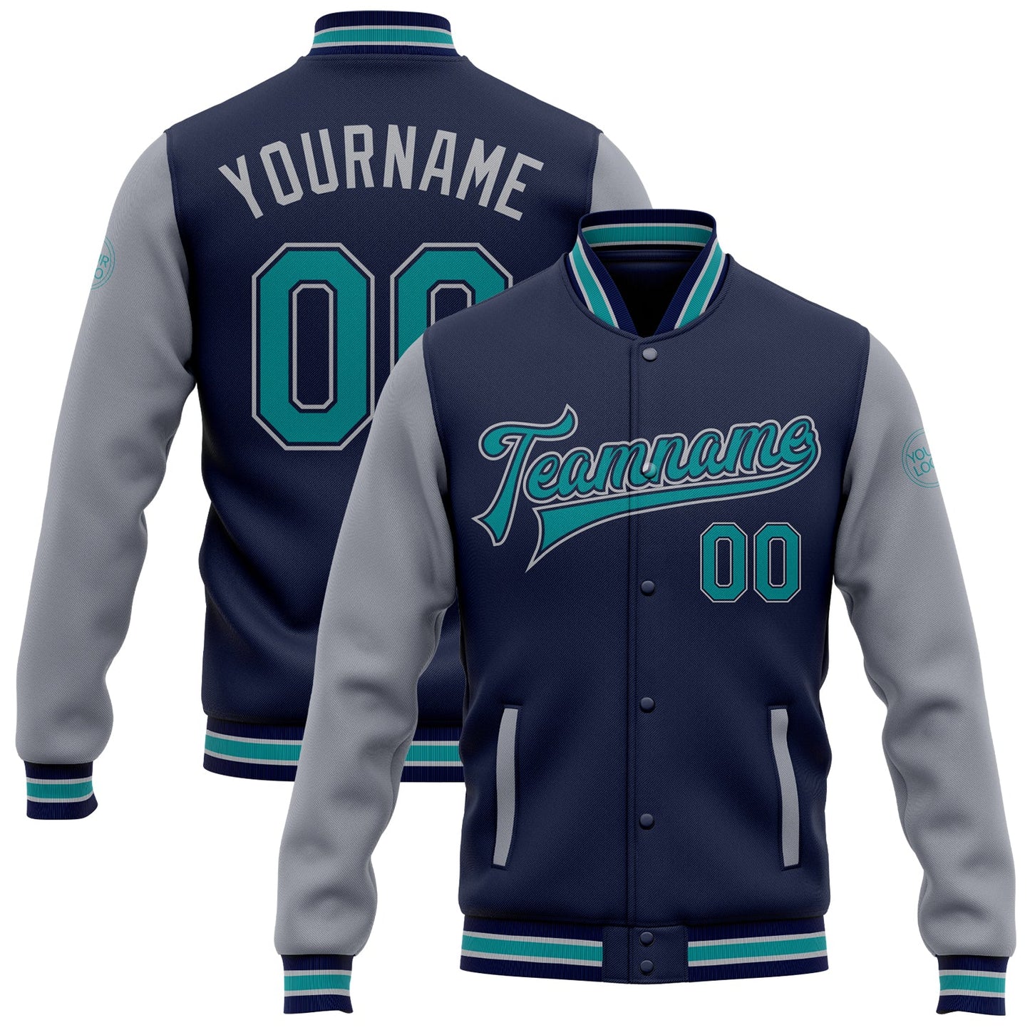 Custom Navy Teal-Gray Bomber Full-Snap Varsity Letterman Two Tone Jacket - Main View