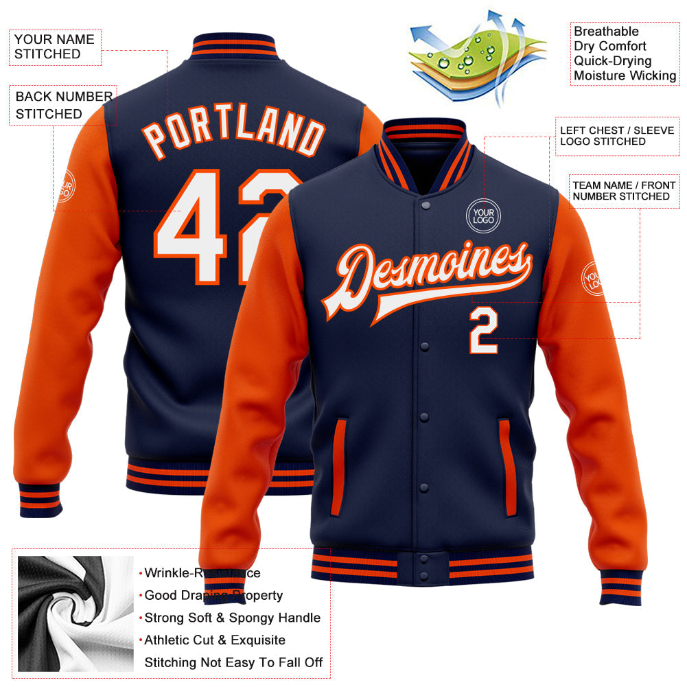 Custom Navy White-Orange Bomber Full-Snap Varsity Letterman Two Tone Jacket view 5