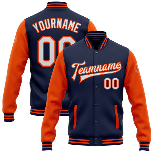 Custom Navy White-Orange Bomber Full-Snap Varsity Letterman Two Tone Jacket - Main View