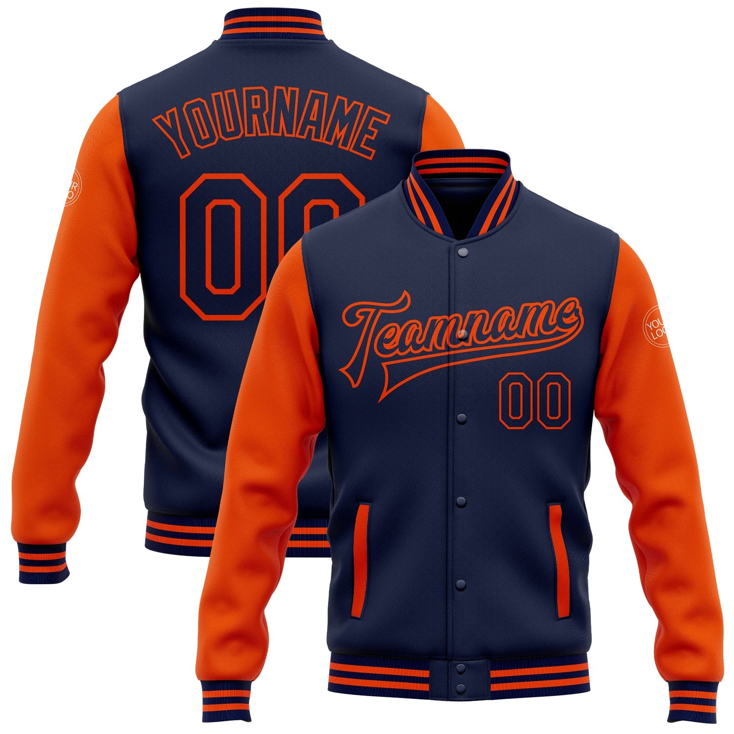 Custom Navy Orange Bomber Full-Snap Varsity Letterman Two Tone Jacket - Main View