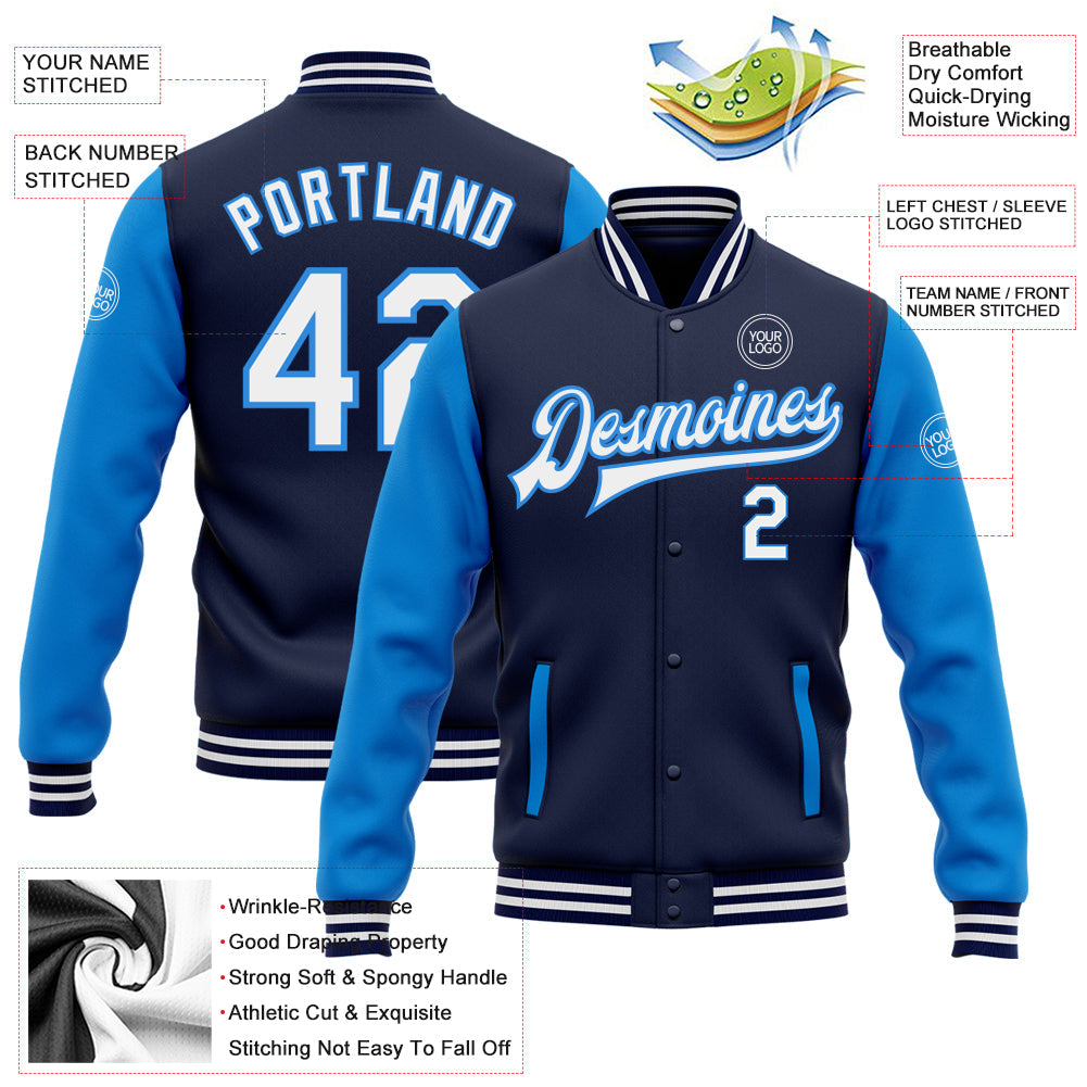 Custom Navy White-Powder Blue Bomber Full-Snap Varsity Letterman Two Tone Jacket view 5