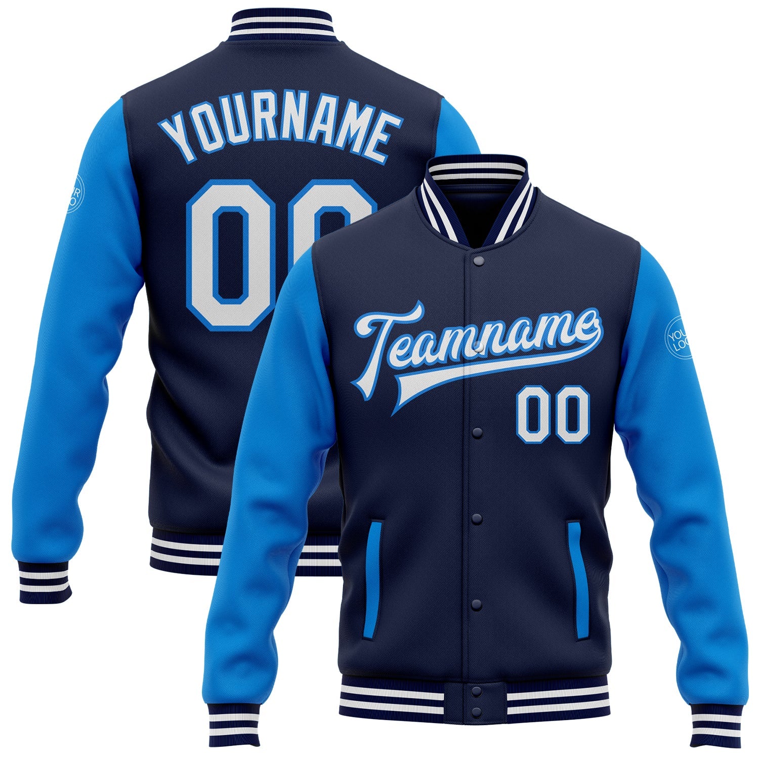 Custom Navy White-Powder Blue Bomber Full-Snap Varsity Letterman Two Tone Jacket - Main View