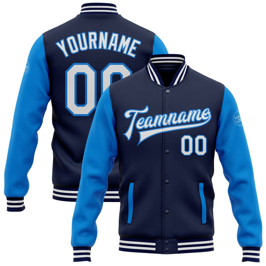 Custom Navy White-Powder Blue Bomber Full-Snap Varsity Letterman Two Tone Jacket - Main View