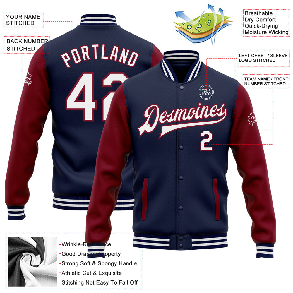 Custom Navy White-Crimson Bomber Full-Snap Varsity Letterman Two Tone Jacket view 5