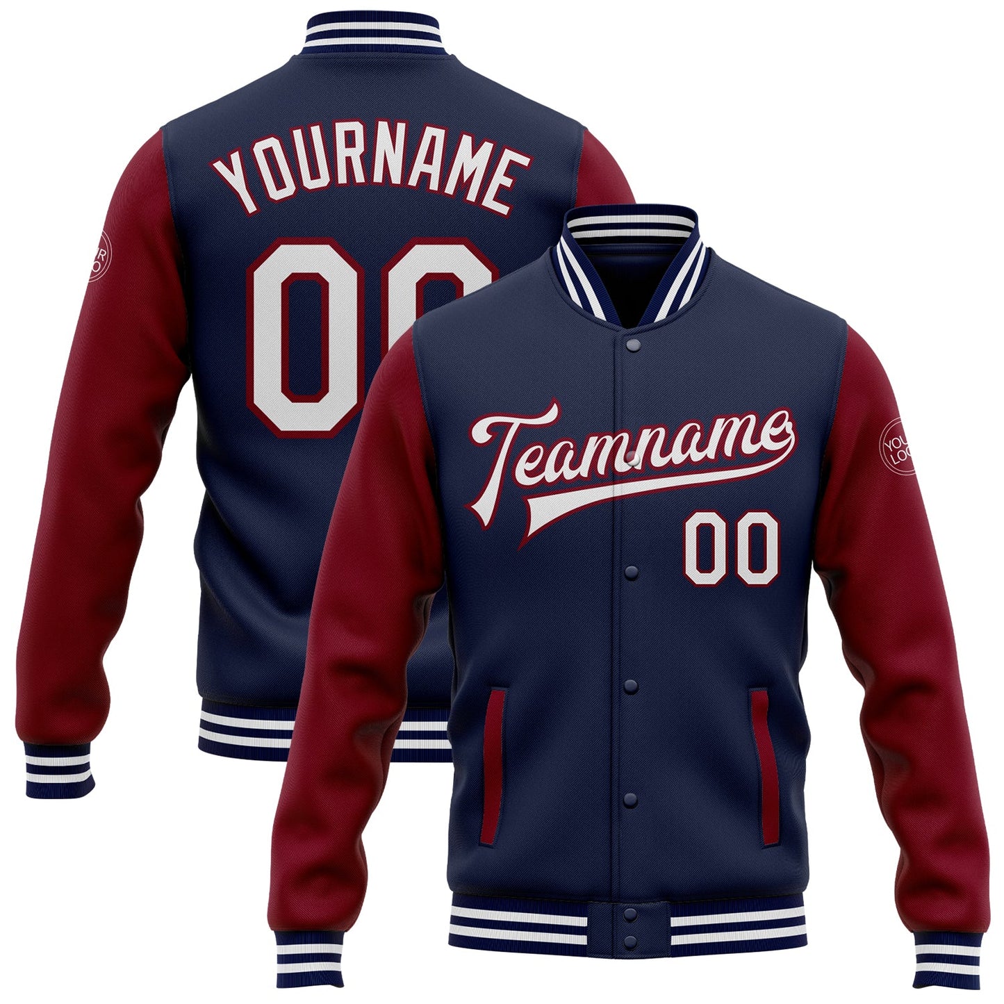 Custom Navy White-Crimson Bomber Full-Snap Varsity Letterman Two Tone Jacket - Main View
