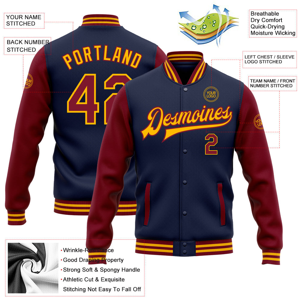 Custom Navy Crimson-Gold Bomber Full-Snap Varsity Letterman Two Tone Jacket view 5