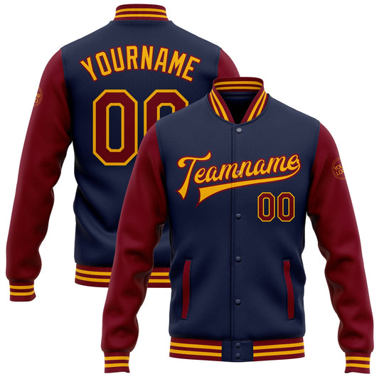 Custom Navy Crimson-Gold Bomber Full-Snap Varsity Letterman Two Tone Jacket - Main View