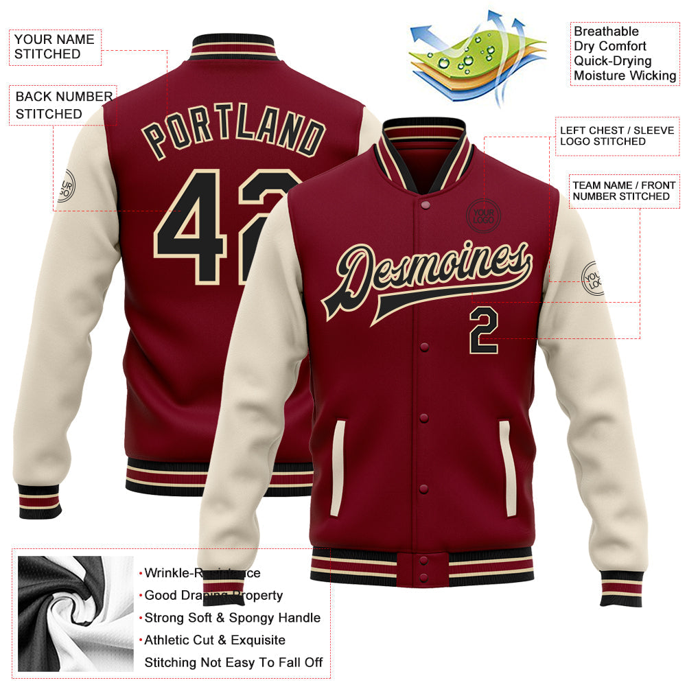 Custom Crimson Black Cream-City Cream Bomber Full-Snap Varsity Letterman Two Tone Jacket view 5