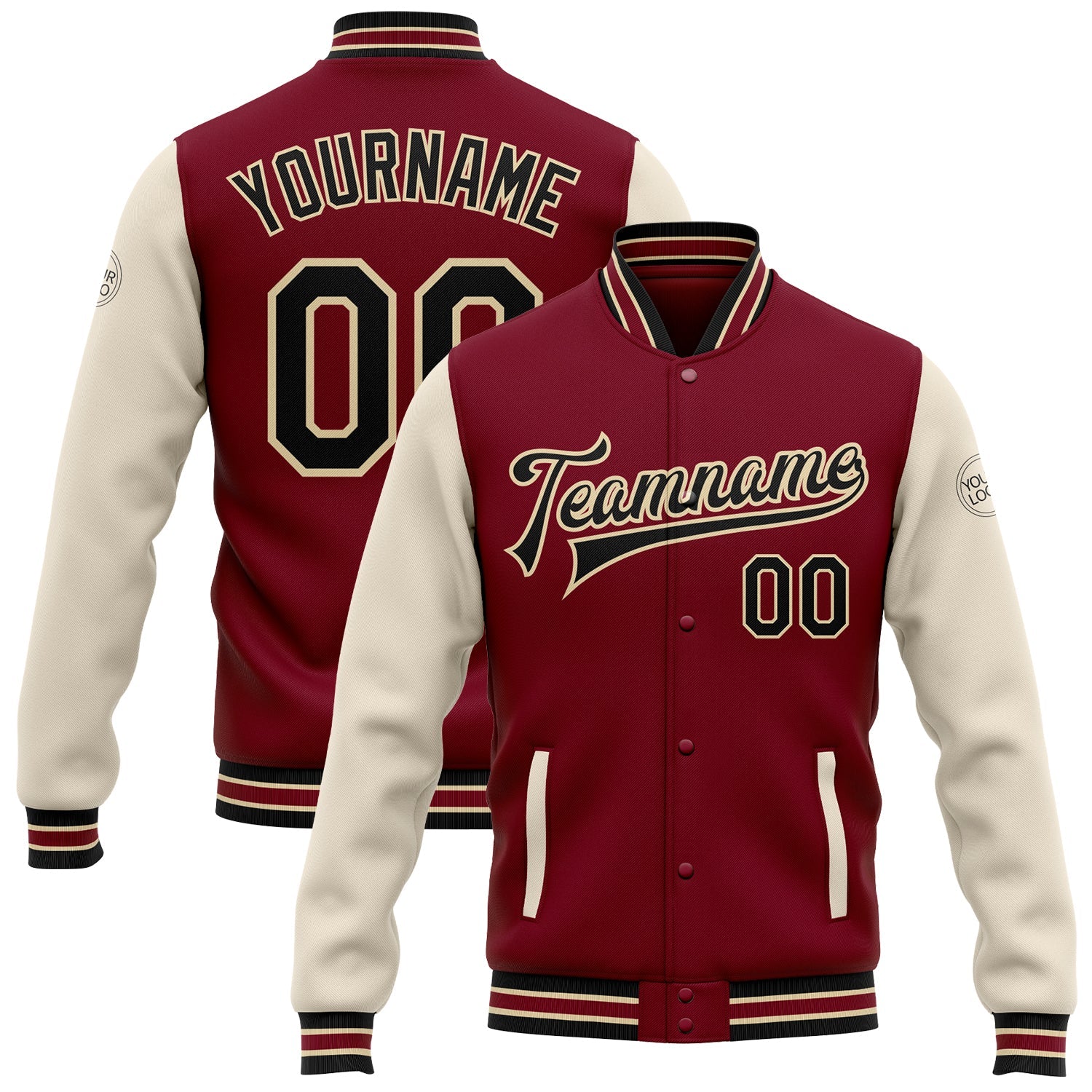 Custom Crimson Black Cream-City Cream Bomber Full-Snap Varsity Letterman Two Tone Jacket - Main View