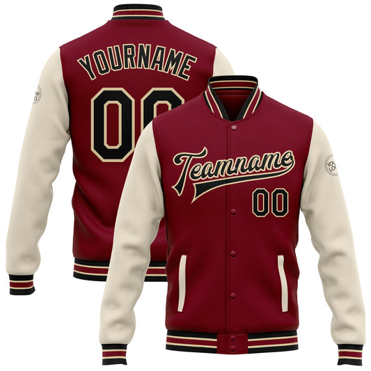 Custom Crimson Black Cream-City Cream Bomber Full-Snap Varsity Letterman Two Tone Jacket - Main View