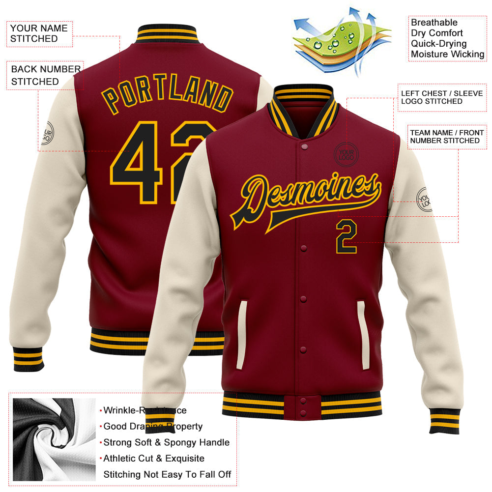 Custom Crimson Black Cream-Gold Bomber Full-Snap Varsity Letterman Two Tone Jacket view 5