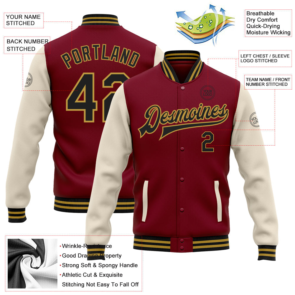 Custom Crimson Black Cream-Old Gold Bomber Full-Snap Varsity Letterman Two Tone Jacket view 5