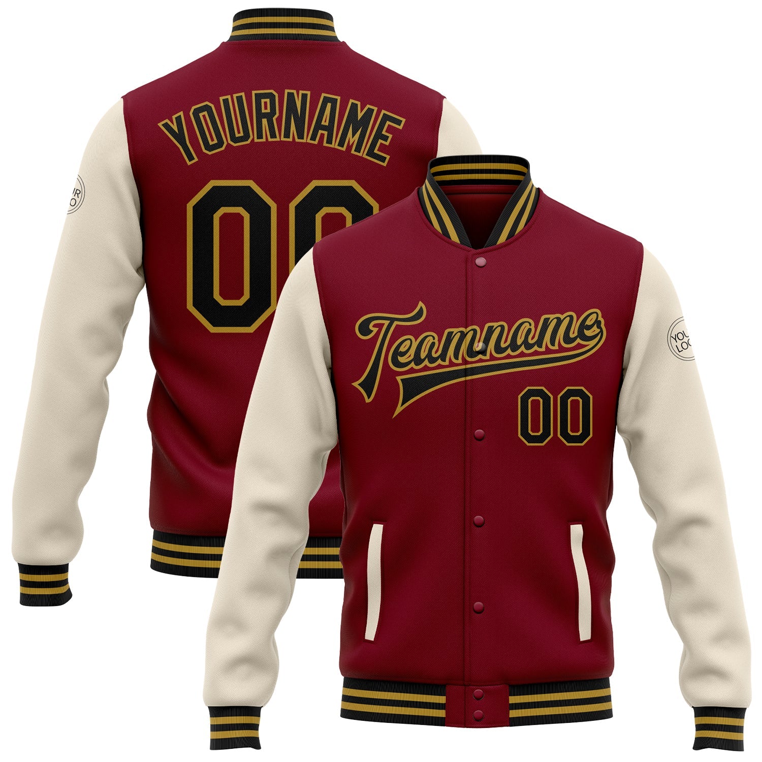 Custom Crimson Black Cream-Old Gold Bomber Full-Snap Varsity Letterman Two Tone Jacket - Main View