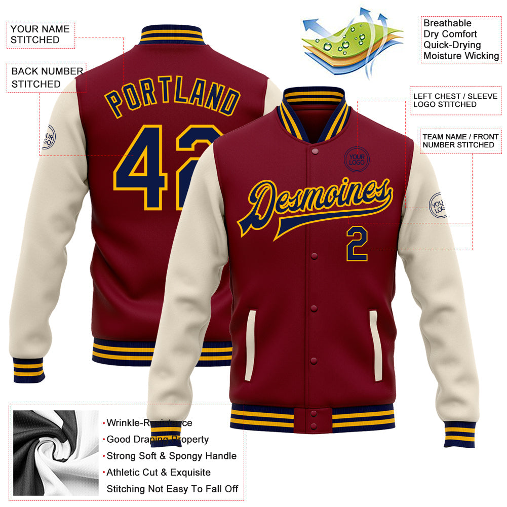 Custom Crimson Navy Cream-Gold Bomber Full-Snap Varsity Letterman Two Tone Jacket view 5