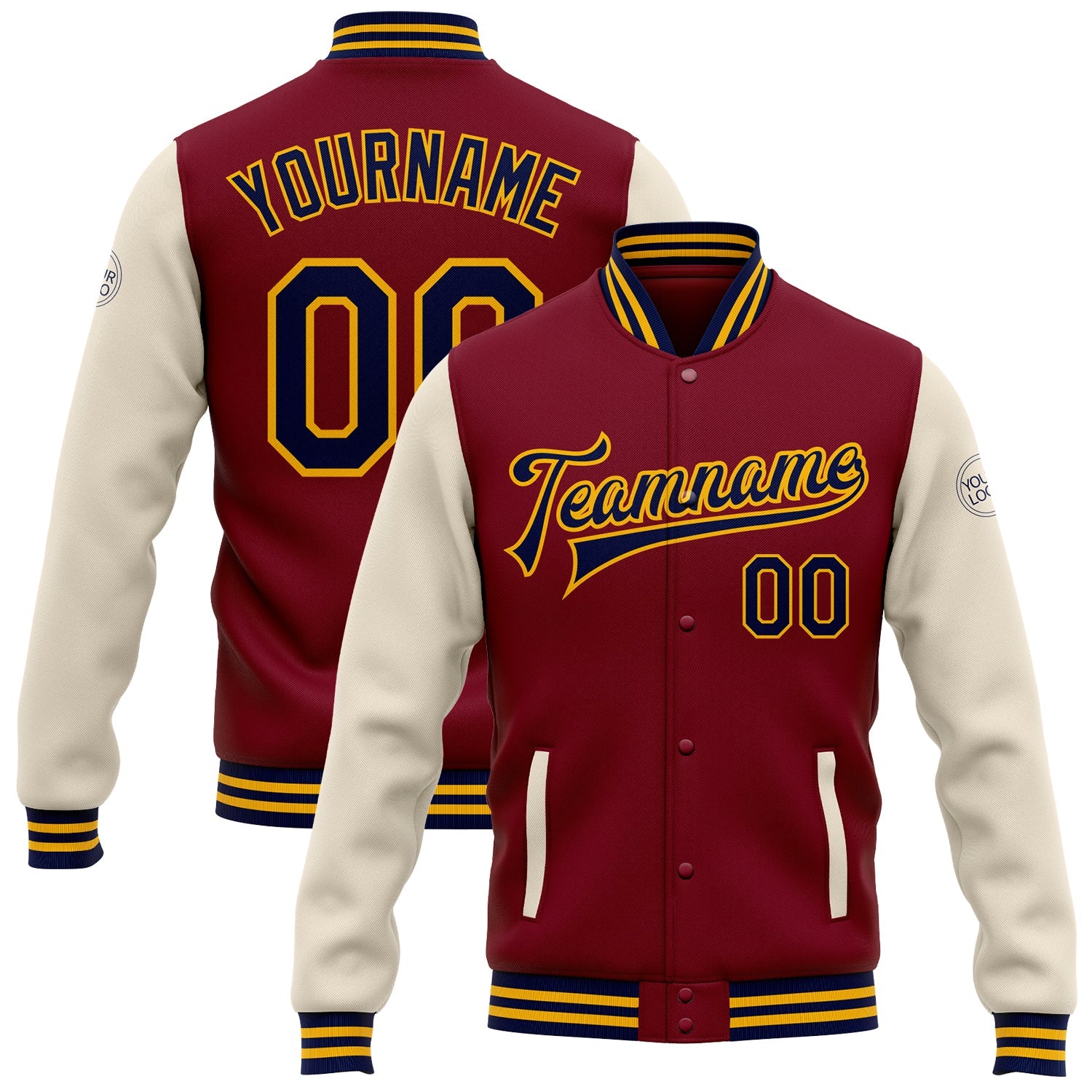 Custom Crimson Navy Cream-Gold Bomber Full-Snap Varsity Letterman Two Tone Jacket - Main View