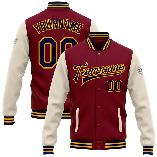 Custom Crimson Navy Cream-Gold Bomber Full-Snap Varsity Letterman Two Tone Jacket - Main View