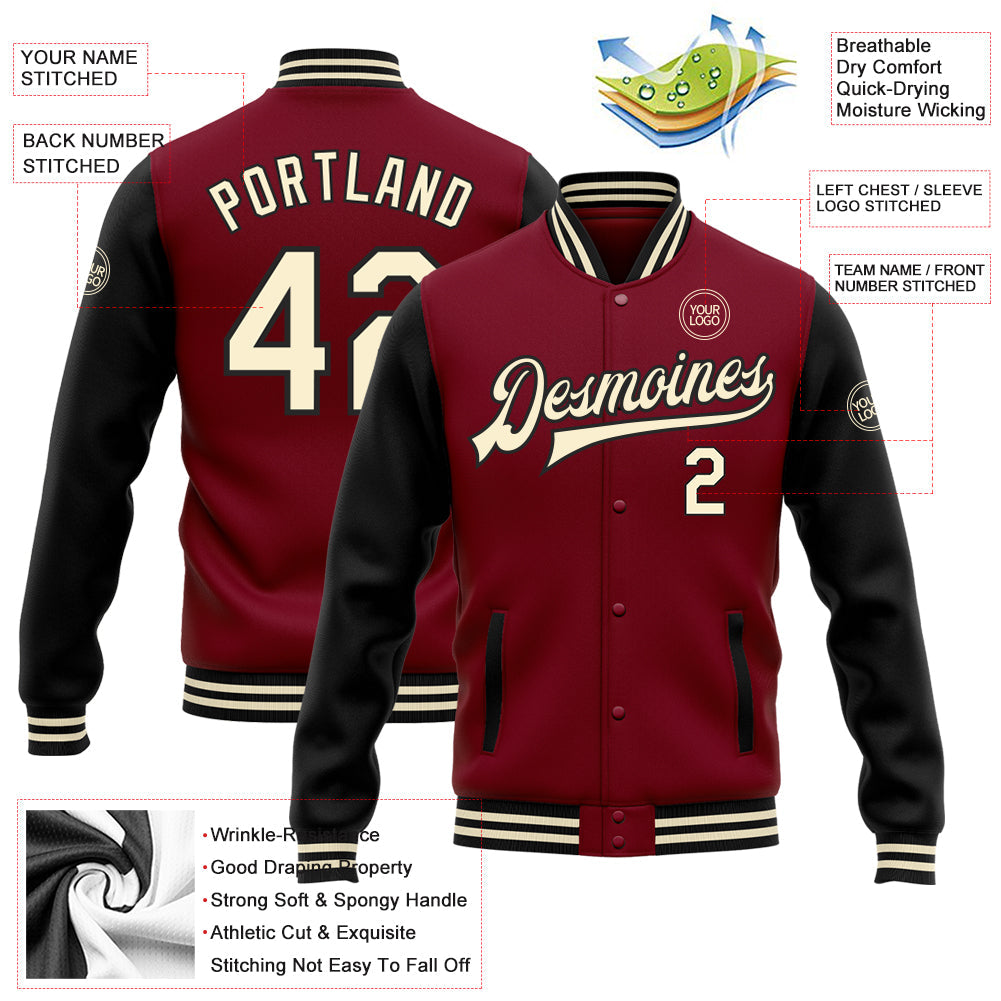 Custom Crimson Cream-Black Bomber Full-Snap Varsity Letterman Two Tone Jacket view 5