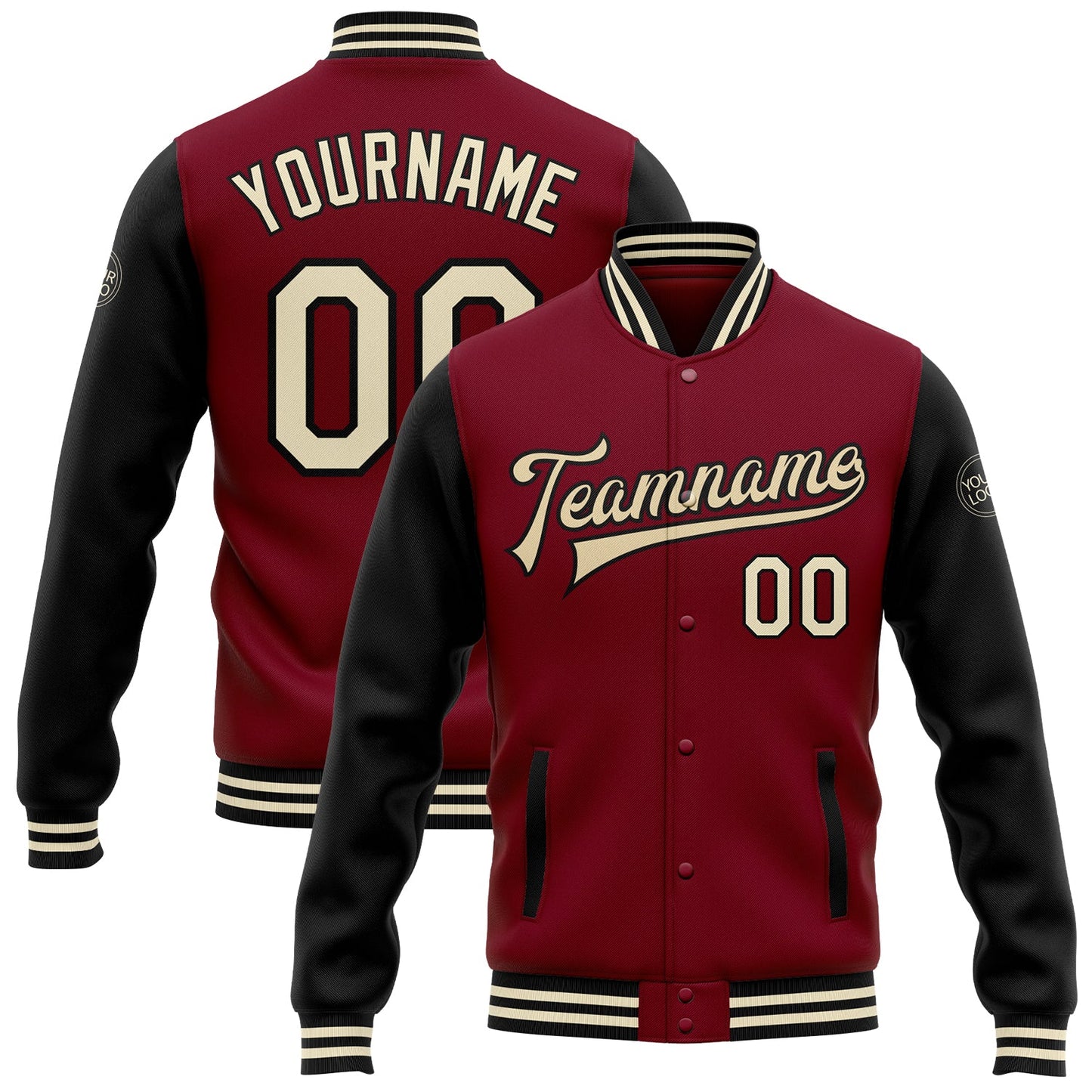 Custom Crimson Cream-Black Bomber Full-Snap Varsity Letterman Two Tone Jacket - Main View