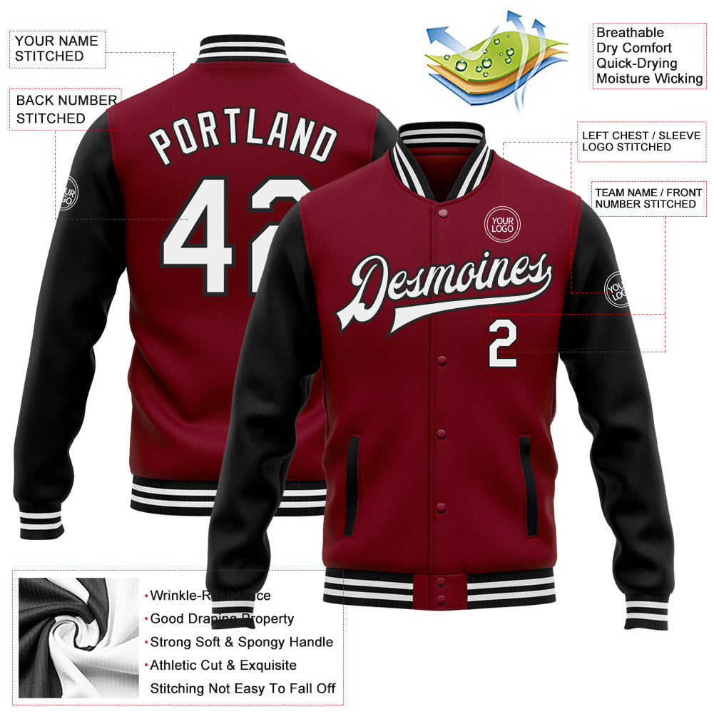 Custom Crimson White-Black Bomber Full-Snap Varsity Letterman Two Tone Jacket view 5