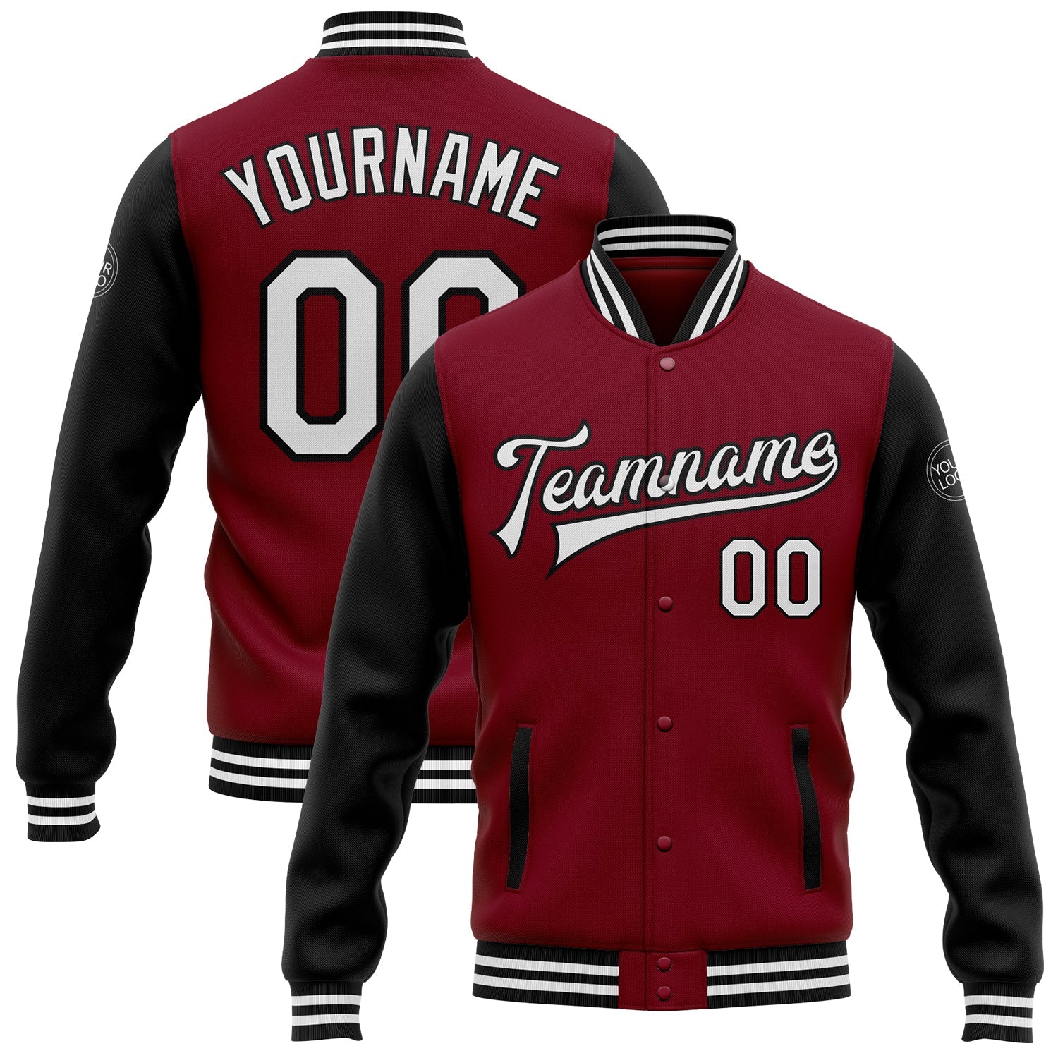 Custom Crimson White-Black Bomber Full-Snap Varsity Letterman Two Tone Jacket - Main View