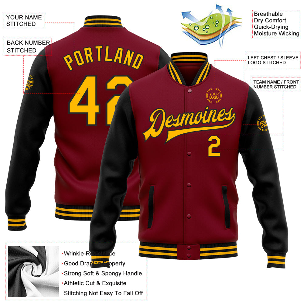 Custom Crimson Gold-Black Bomber Full-Snap Varsity Letterman Two Tone Jacket view 5
