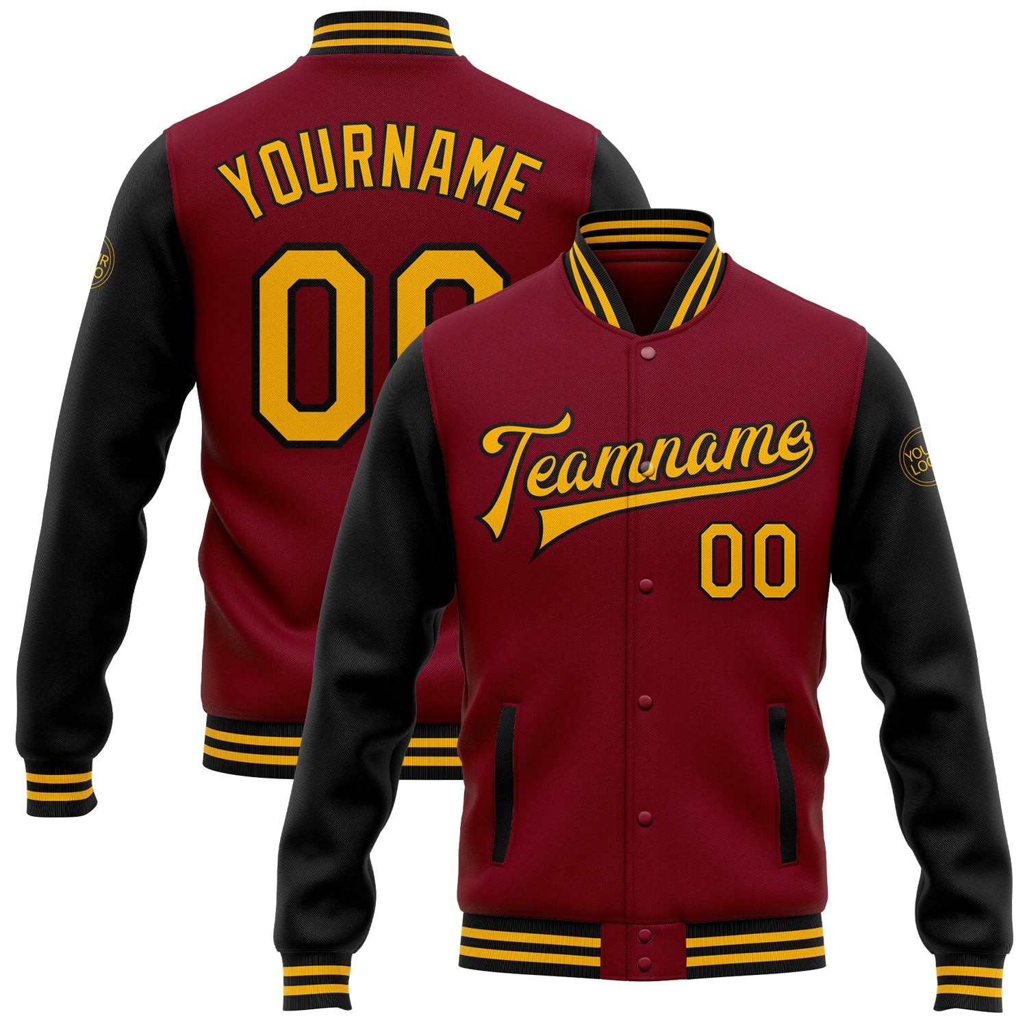 Custom Crimson Gold-Black Bomber Full-Snap Varsity Letterman Two Tone Jacket - Main View