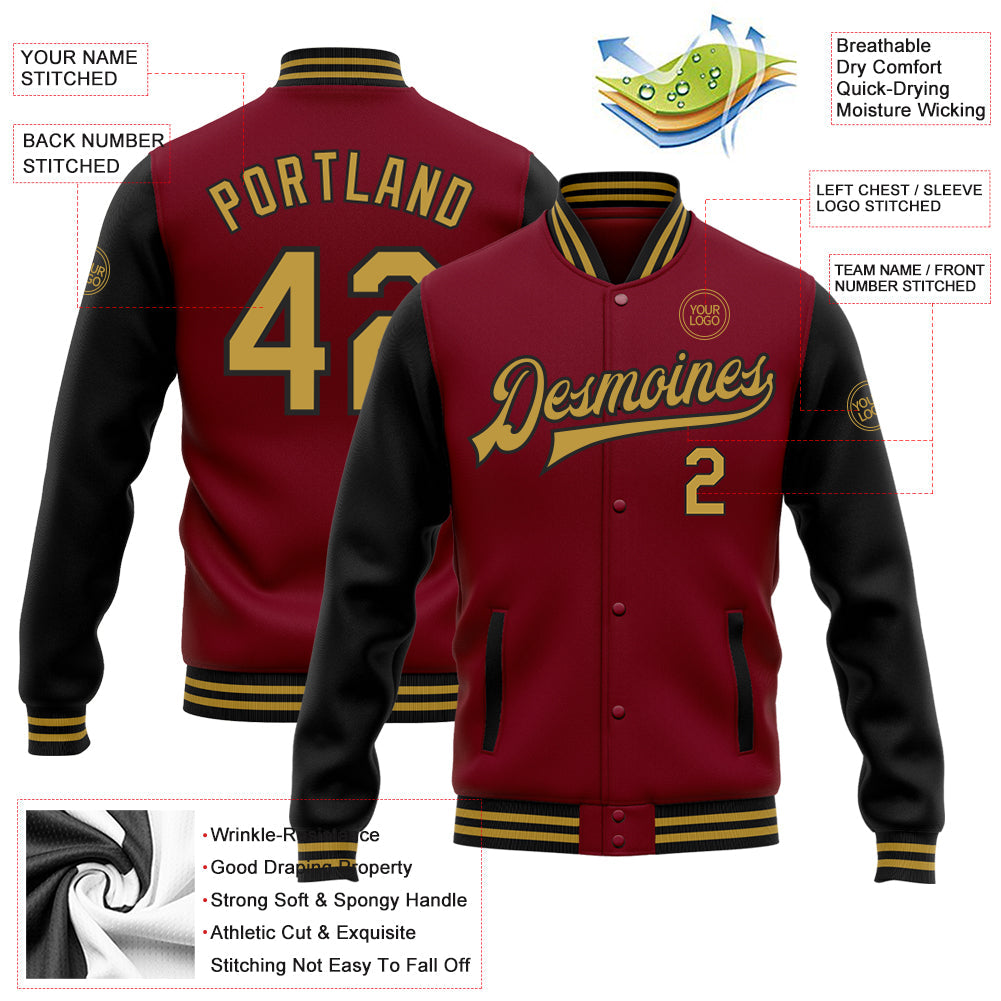 Custom Crimson Old Gold-Black Bomber Full-Snap Varsity Letterman Two Tone Jacket view 5