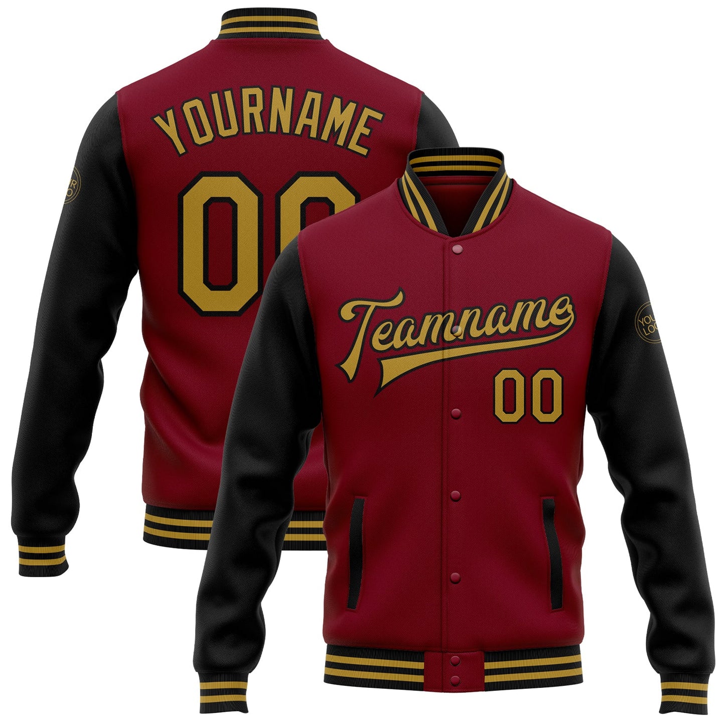 Custom Crimson Old Gold-Black Bomber Full-Snap Varsity Letterman Two Tone Jacket - Main View
